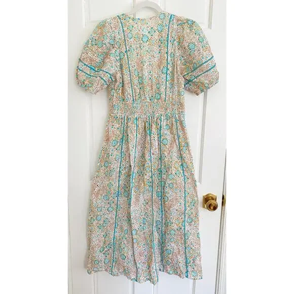 Poupette St Barth Reine Eyelet Puff Sleeve V-Neck Midi Dress Coverup Smocked Med Poupette St Barth Reine Eyelet Puff Sleeve V-Neck Midi Dress Coverup Smocked Med